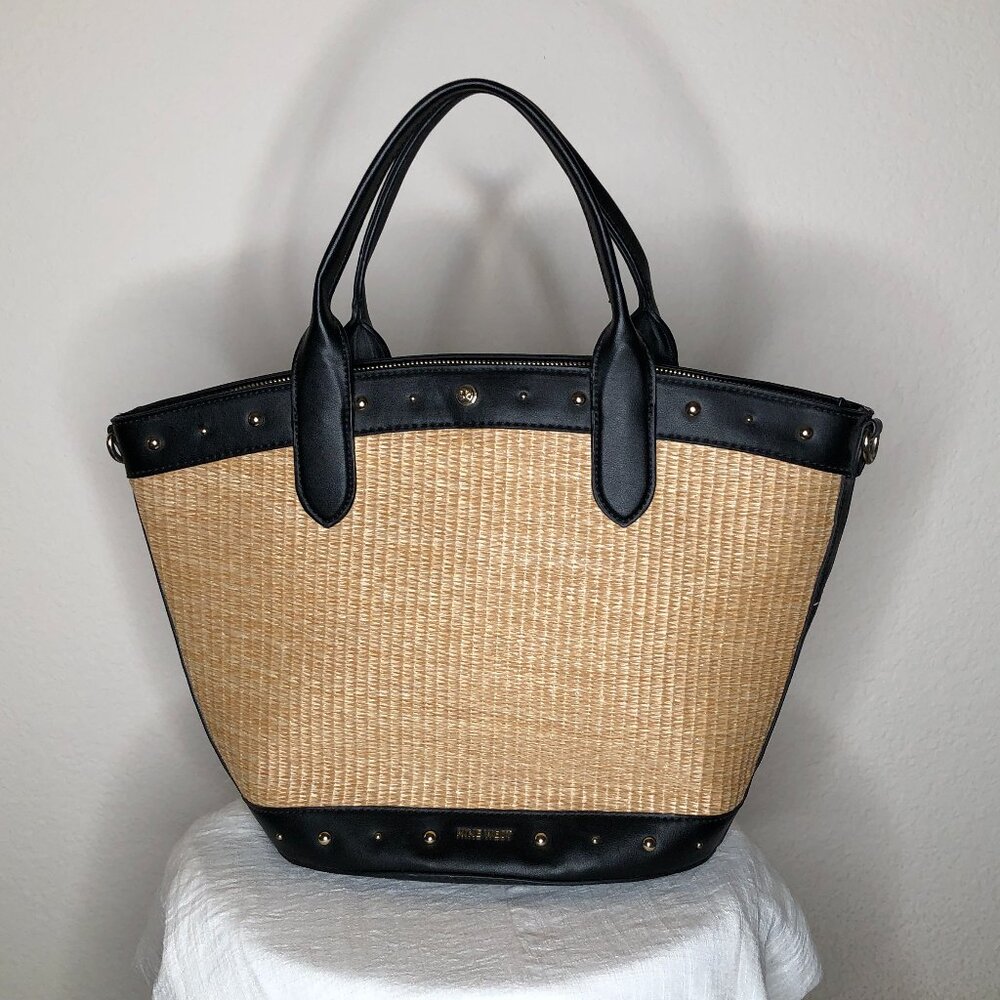 Nine West Black and Natural Straw Tote Crossbody